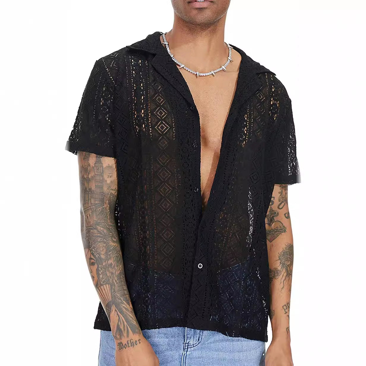 Camisa de Manga Corta con Encaje y Diseño Floral