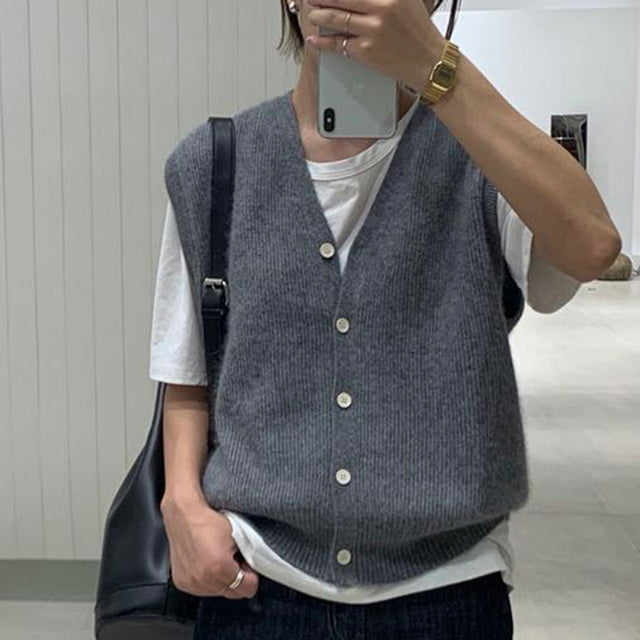Chaleco Suéter de Cardigan Sin Mangas en Color Sólido para Mujer