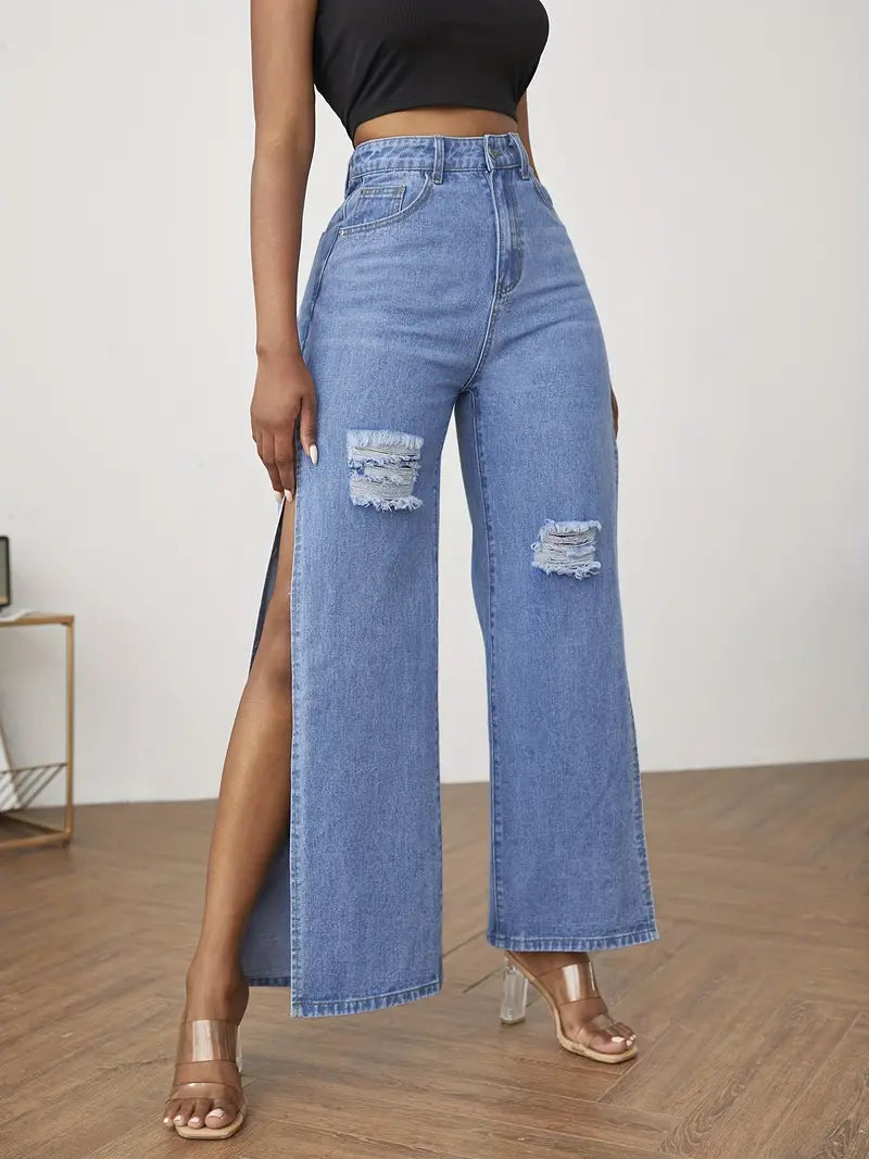 Jeans Rectos Rasgados Azules de Tiro Alto con Bolsillos
