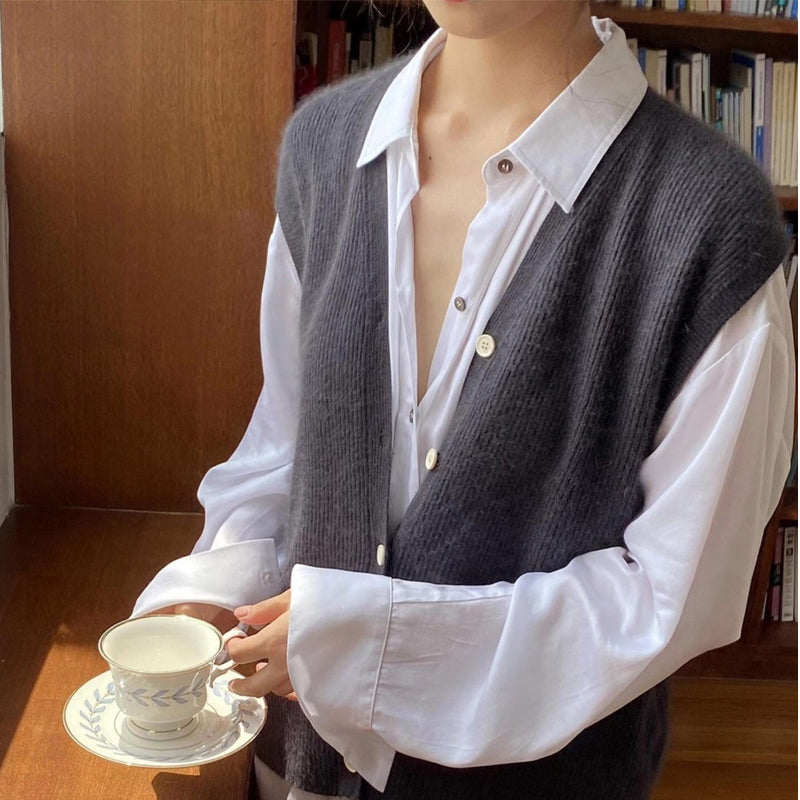 Chaleco Suéter de Cardigan Sin Mangas en Color Sólido para Mujer