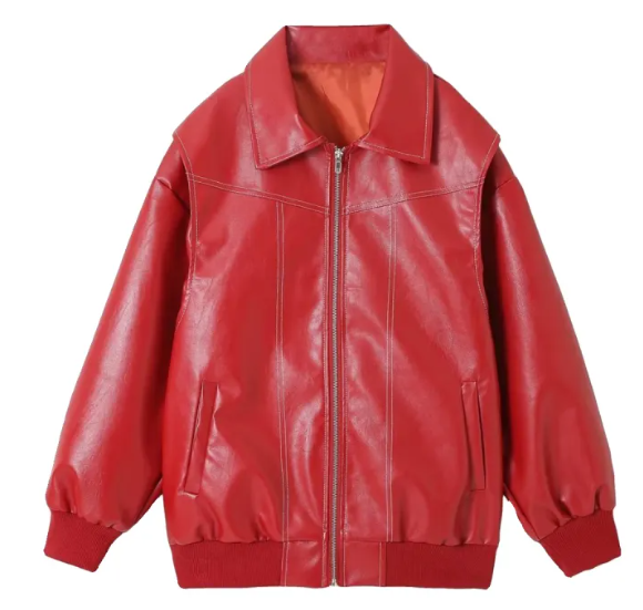 Chaqueta de Cuero de Motociclista con Cierre de Cremallera y Manga Larga Holgada y de Moda para Mujer