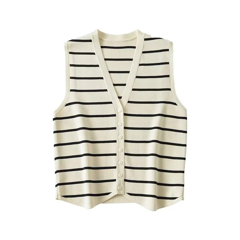 Chaleco de punto con cuello en V a rayas  primavera verano