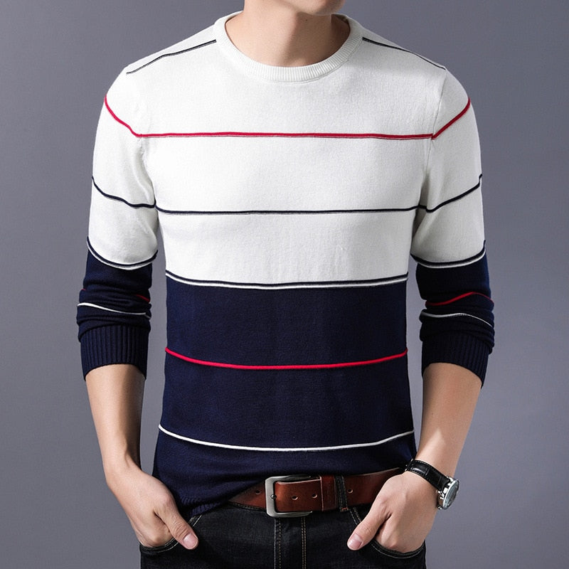 Suéter Casual de Punto a Rayas para Hombre, Cuello Redondo