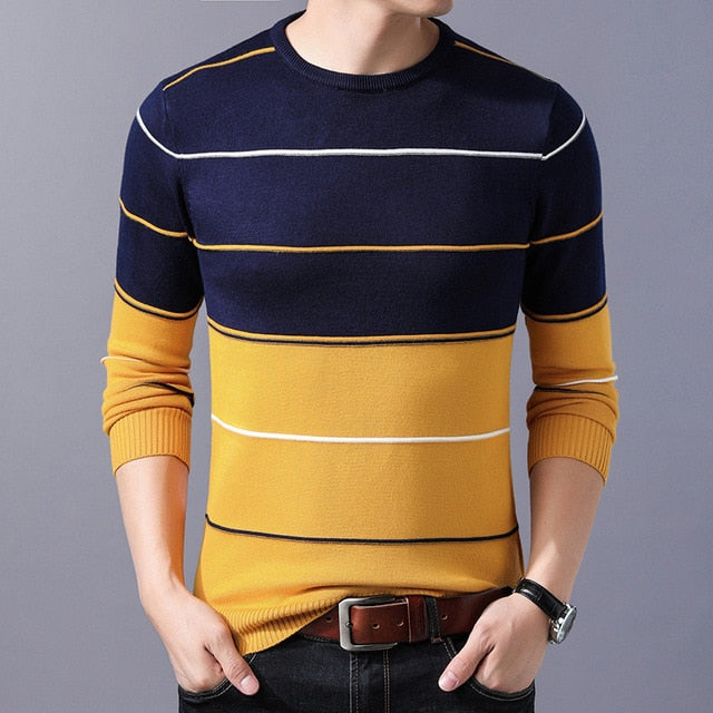 Suéter Casual de Punto a Rayas para Hombre, Cuello Redondo