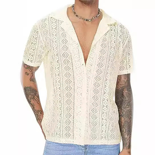 Camisa de Manga Corta con Encaje y Diseño Floral