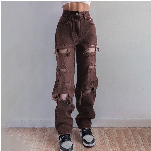 Jeans Rectos Rasgados de Cintura Alta con Bolsillos de Ojal