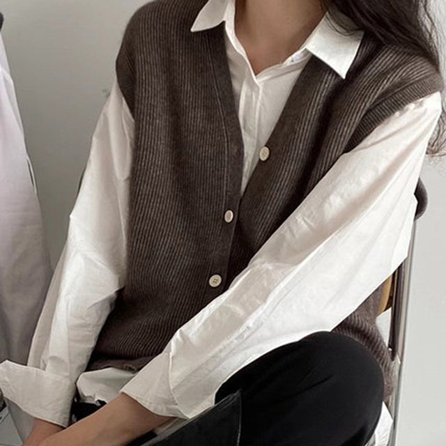 Chaleco Suéter de Cardigan Sin Mangas en Color Sólido para Mujer