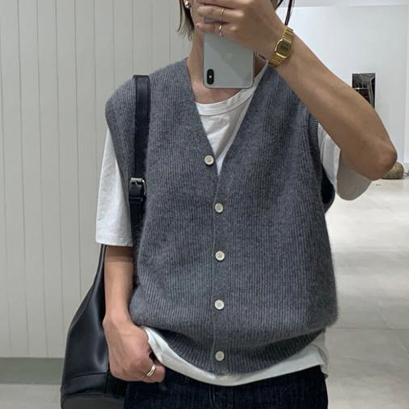 Chaleco Suéter de Cardigan Sin Mangas en Color Sólido para Mujer