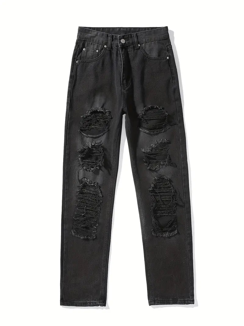 Jeans Rectos Rasgados de Cintura Alta con Bolsillos de Ojal