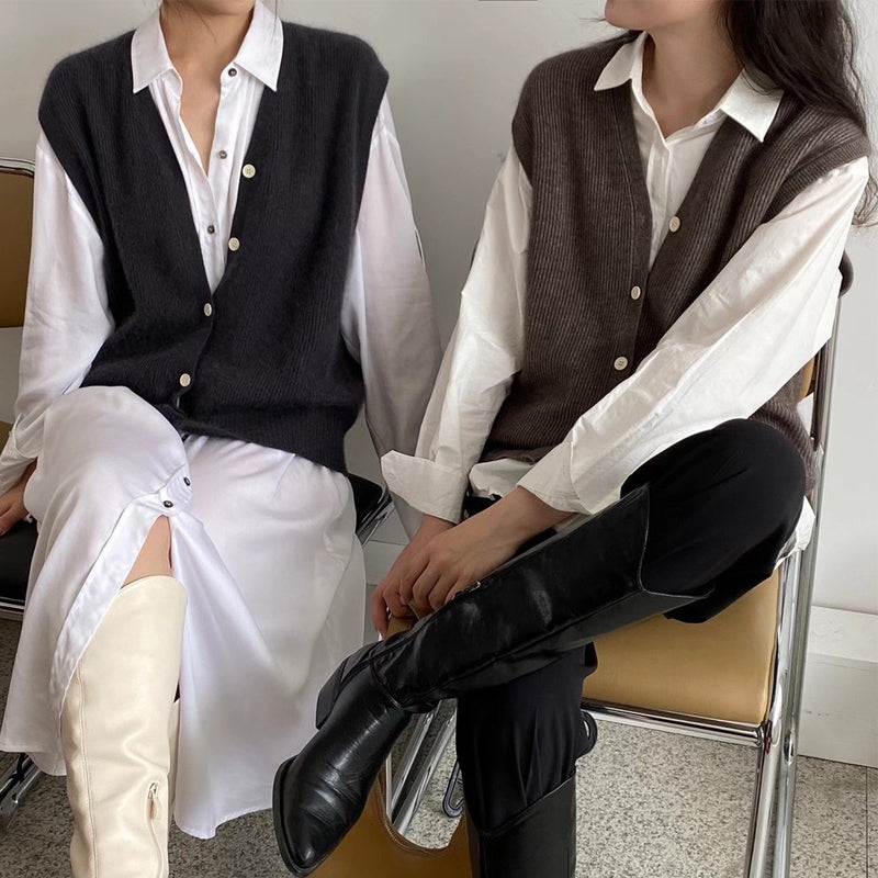 Chaleco Suéter de Cardigan Sin Mangas en Color Sólido para Mujer