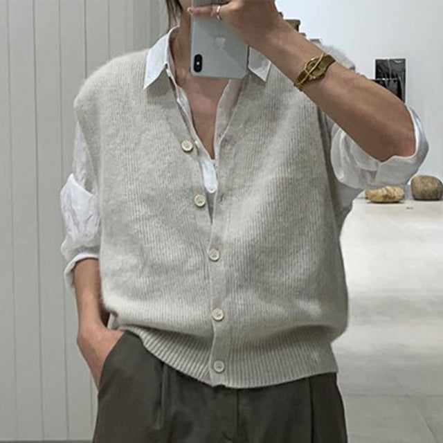 Chaleco Suéter de Cardigan Sin Mangas en Color Sólido para Mujer