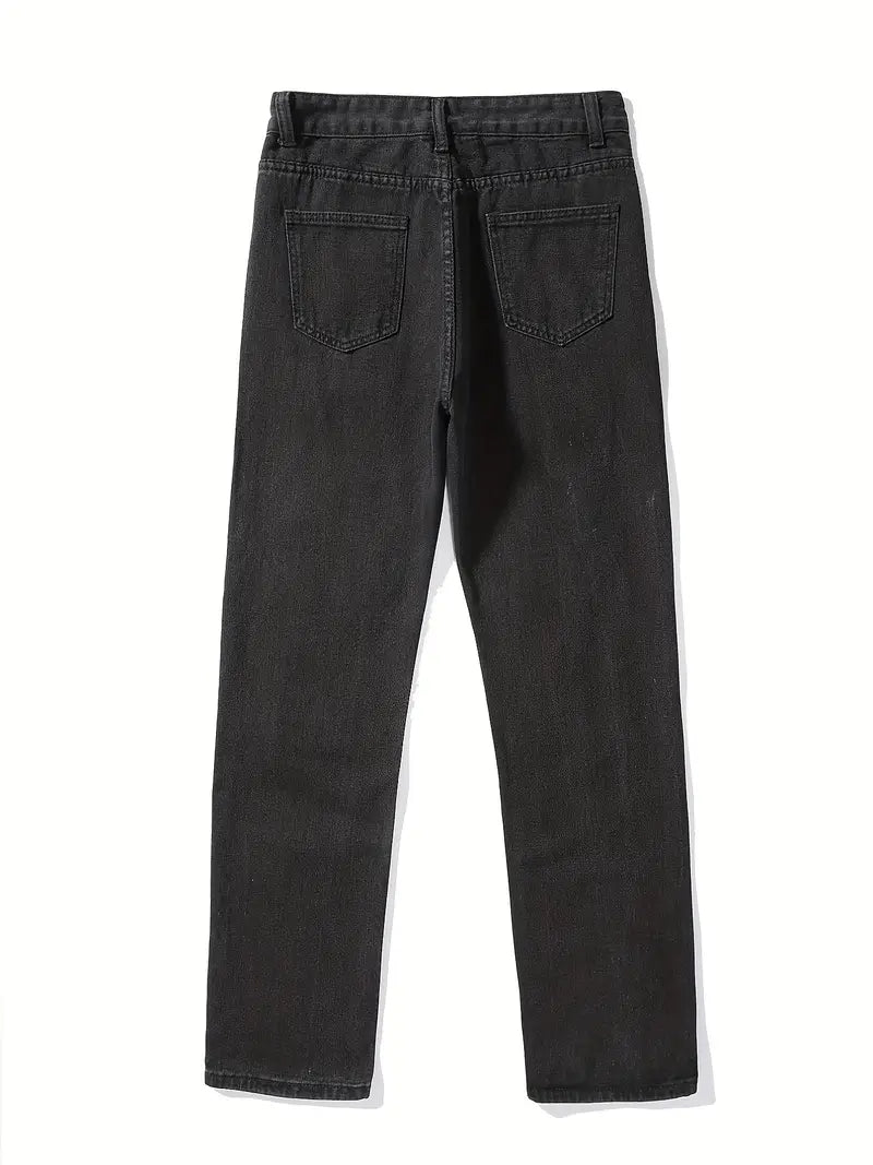 Jeans Rectos Rasgados de Cintura Alta con Bolsillos de Ojal