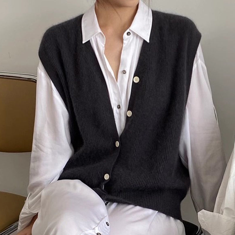 Chaleco Suéter de Cardigan Sin Mangas en Color Sólido para Mujer