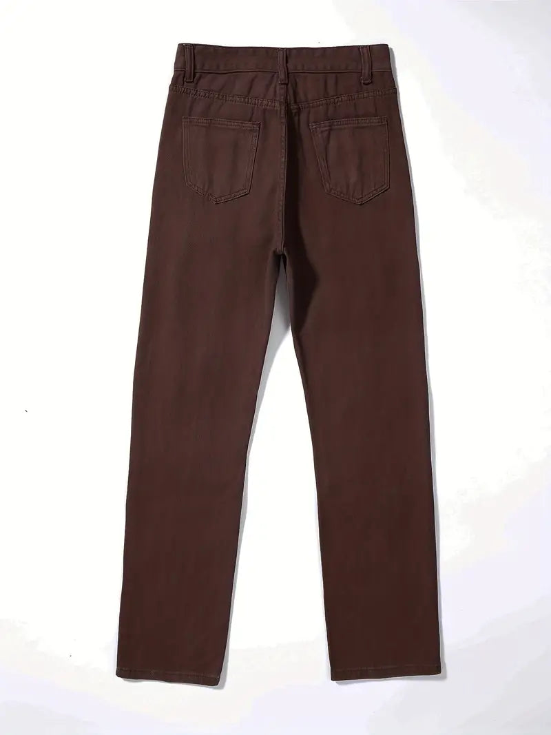 Jeans Rectos Rasgados de Cintura Alta con Bolsillos de Ojal