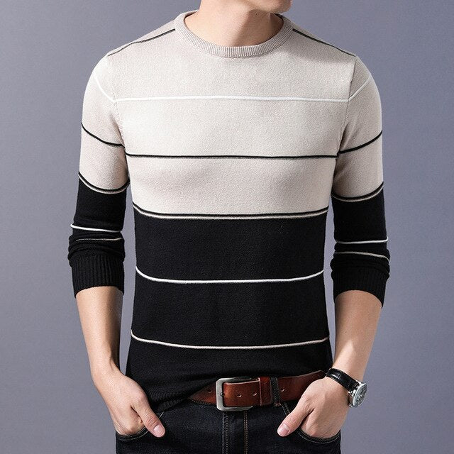 Suéter Casual de Punto a Rayas para Hombre, Cuello Redondo