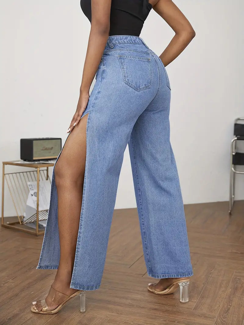 Jeans Rectos Rasgados Azules de Tiro Alto con Bolsillos