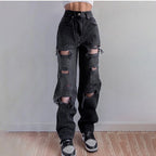 Jeans Rectos Rasgados de Cintura Alta con Bolsillos de Ojal