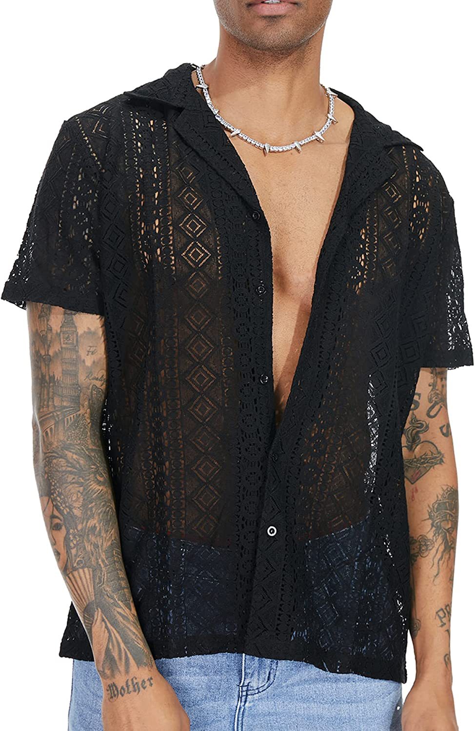 Camisa de Manga Corta con Encaje y Diseño Floral