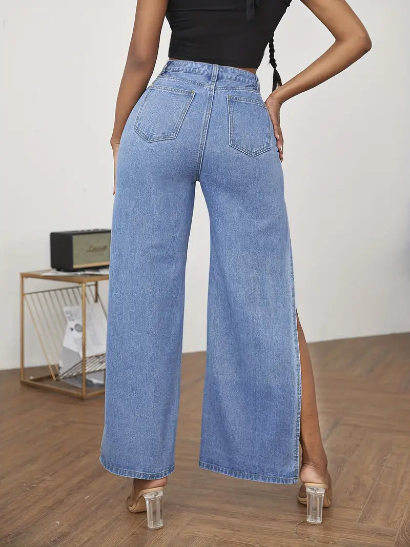 Jeans Rectos Rasgados Azules de Tiro Alto con Bolsillos