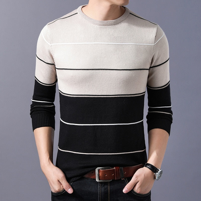 Suéter Casual de Punto a Rayas para Hombre, Cuello Redondo