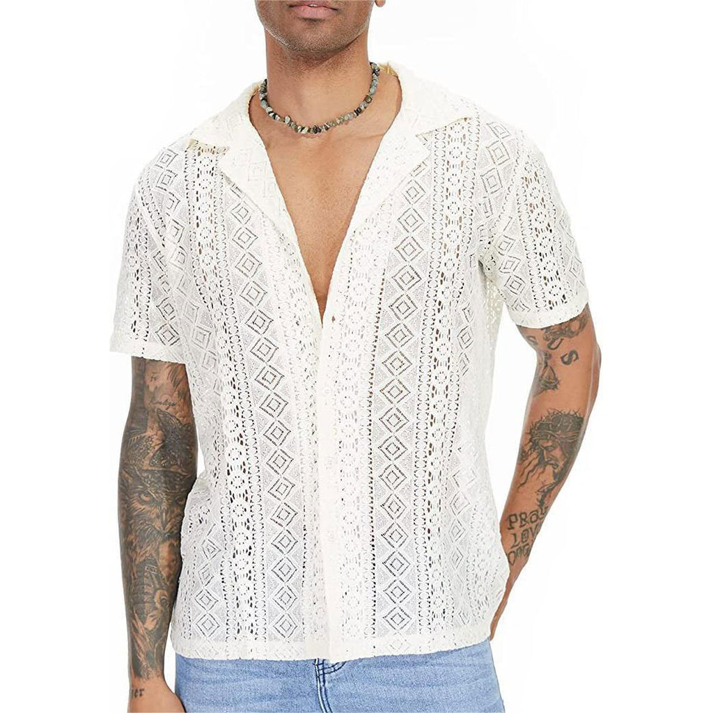 Camisa de Manga Corta con Encaje y Diseño Floral