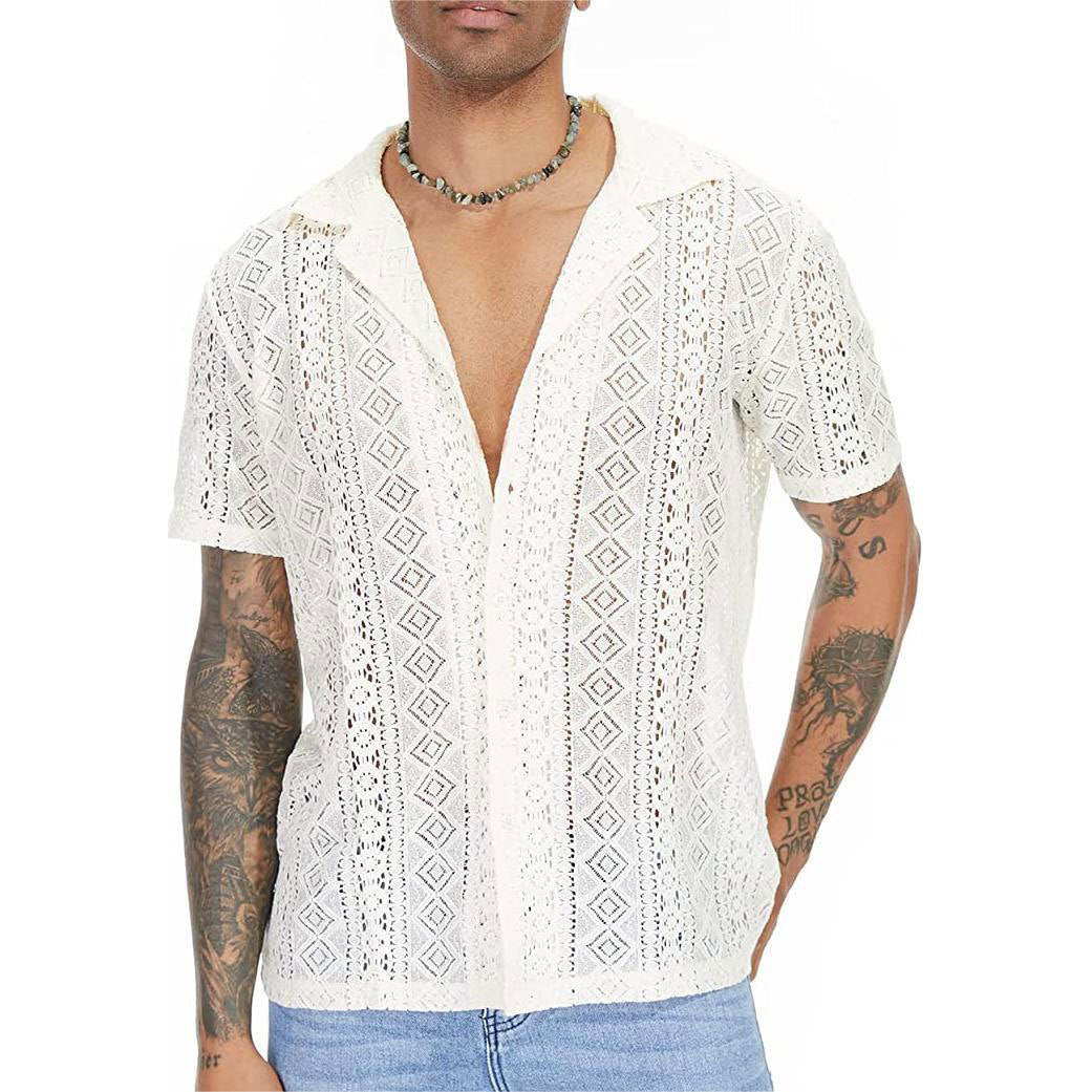 Camisa de Manga Corta con Encaje y Diseño Floral