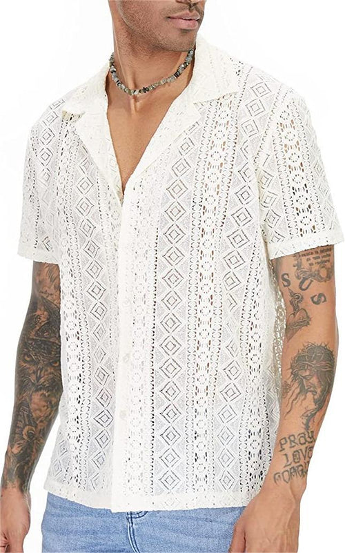 Camisa de Manga Corta con Encaje y Diseño Floral