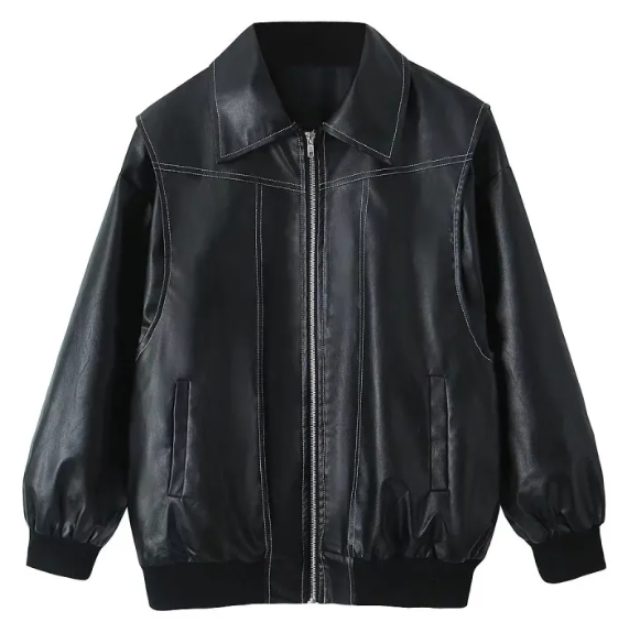 Chaqueta de Cuero de Motociclista con Cierre de Cremallera y Manga Larga Holgada y de Moda para Mujer